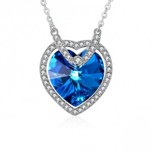 Elegant Blue Austrian Heart Crystal CZ 925 Sterling Silver Necklace