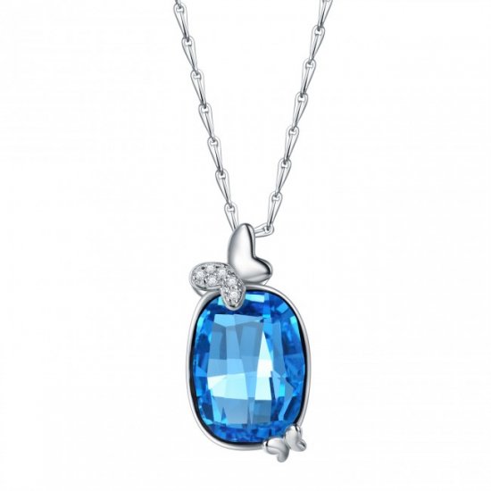 Fashion Butterfly Blue Oval Austrian Crystal CZ 925 Sterling Silver Necklace - Click Image to Close