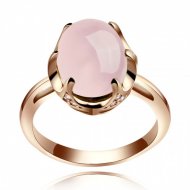 Fashion Oval Natural Rose Quartz Solid 925 Sterling Silver Rose Gold CZ Ring