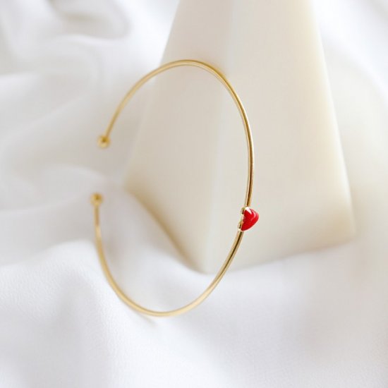 Simple Red Epoxy Heart Solid 925 Sterling Silver Adjustable Bangle - Click Image to Close