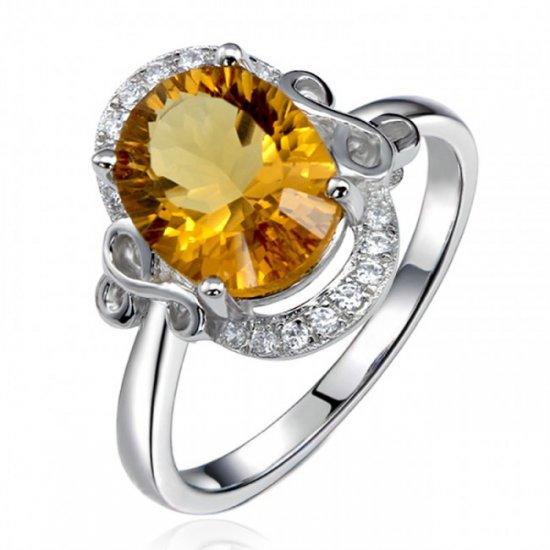 Fashion Natural Citrine Solid 925 Sterling Silver CZ Ring - Click Image to Close