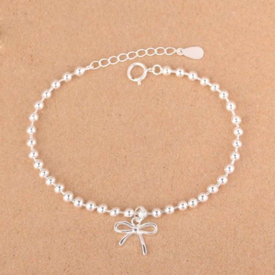 Girl Bowknot Beads 925 Sterling Silver Bracelet - Click Image to Close