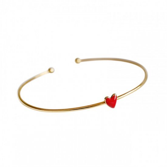 Simple Red Epoxy Heart Solid 925 Sterling Silver Adjustable Bangle - Click Image to Close