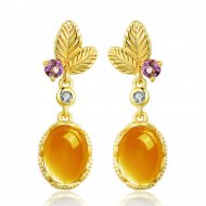 Leaves Oval Natural Citrine 925 Silver Yellow Gold CZ Earrings