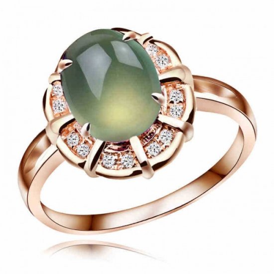 Fashion Oval Natural Prehnite Crystal Solid 925 Sterling Silver CZ Ring - Click Image to Close