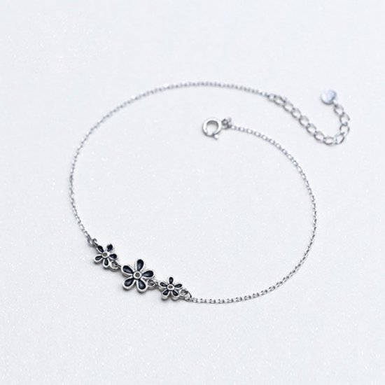 Beautiful Three Black Flowers 925 Sterling Silver Anklet - Click Image to Close