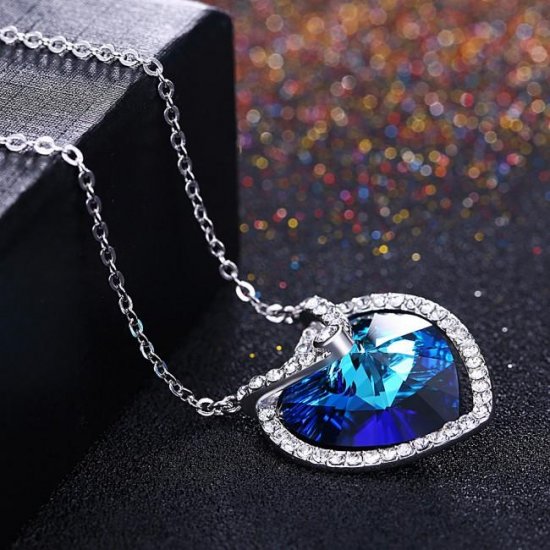 Elegant Blue Austrian Heart Crystal CZ 925 Sterling Silver Necklace - Click Image to Close