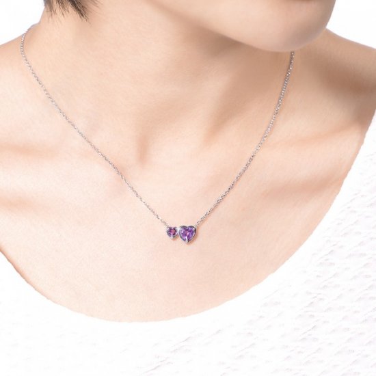 Natural Purple Amethyst Gem 925 Sterling Silver Side By Side Hearts Necklace - Click Image to Close