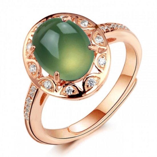 Round Fashion Natural Prehnite Solid 925 Sterling Silver CZ Adjustable Ring - Click Image to Close