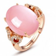 Fashion Oval Natural Rose Quartz Solid 925 Sterling Silver Adjustable CZ Ring