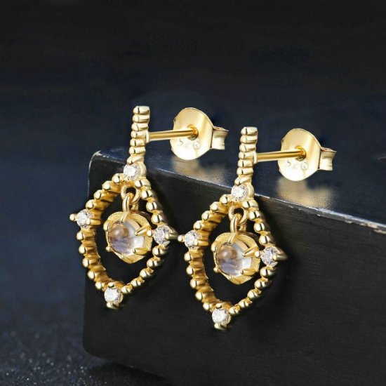 Hollow Round Genuine Moonstone 925 Silver Yellow Gold ZC Earrings - Click Image to Close