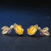 Leaves Oval Natural Citrine 925 Silver Yellow Gold CZ Earrings