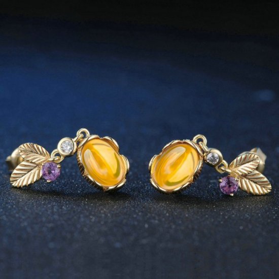 Leaves Oval Natural Citrine 925 Silver Yellow Gold CZ Earrings - Click Image to Close