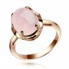 Fashion Oval Natural Rose Quartz Solid 925 Sterling Silver Rose Gold CZ Ring