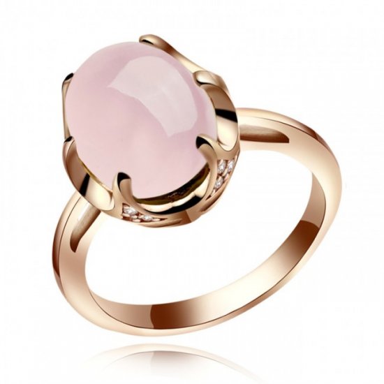 Fashion Oval Natural Rose Quartz Solid 925 Sterling Silver Rose Gold CZ Ring - Click Image to Close