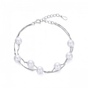 Woman Double Lines Shell Pearl 925 Sterling Silver Bracelet