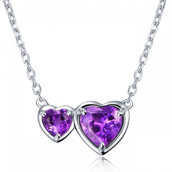 Natural Purple Amethyst Gem 925 Sterling Silver Side By Side Hearts Necklace - Click Image to Close