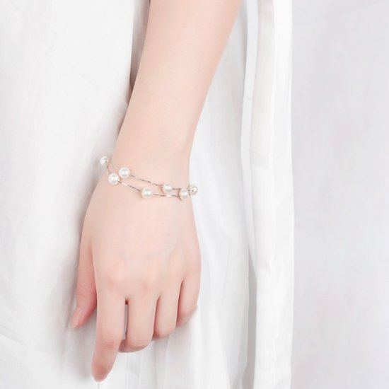 Woman Double Lines Shell Pearl 925 Sterling Silver Bracelet - Click Image to Close