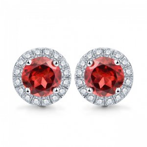 Pendientes de botón redondos de corte redondo de plata esterlina con granate rojo natural de 2.0ct (5 mm)