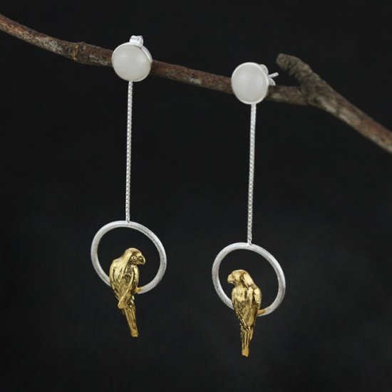 Fashion White Jade Yellow Bird 925 Sterling Silver Dangle Earrings - Click Image to Close