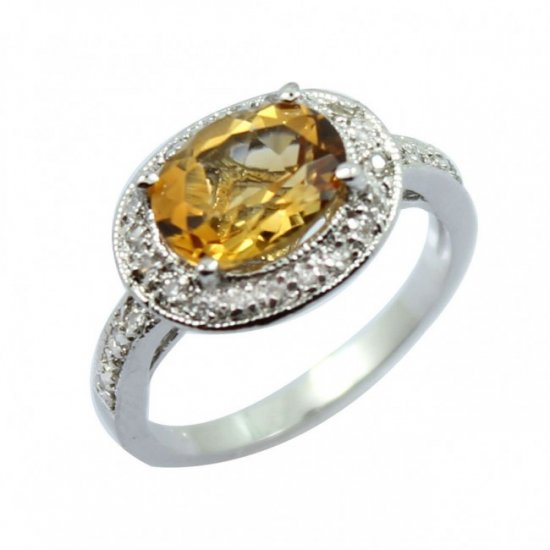 Fashion Oval Natural Citrine 925 Sterling Silver CZ Ring - Click Image to Close