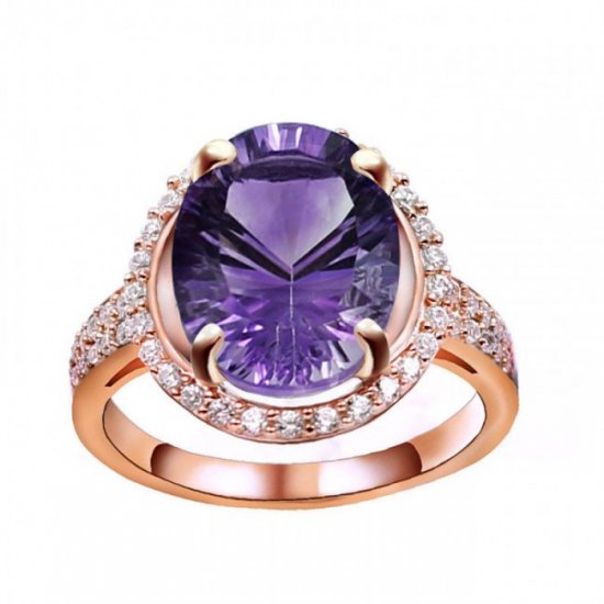 Fashion Oval Natural Amethyst Solid 925 Sterling Silver CZ Ring - Click Image to Close