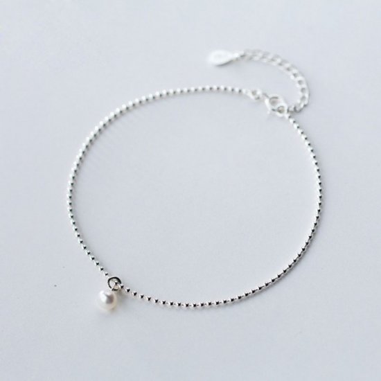 Simple Light Beads Created Pearl 925 Sterling Silver Anklet - Click Image to Close