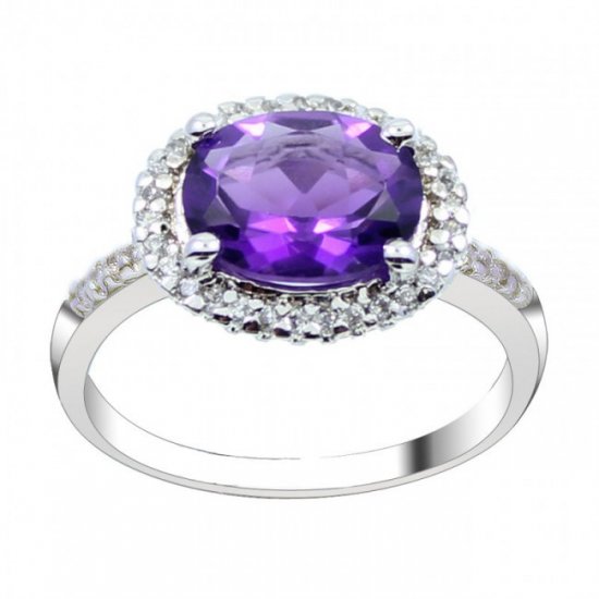 Fashion Oval Natural Amethyst CZ 925 Sterling Silver Ring - Click Image to Close