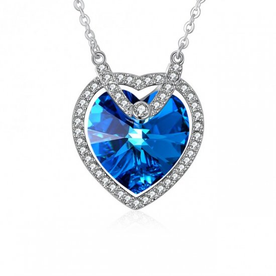 Elegant Blue Austrian Heart Crystal CZ 925 Sterling Silver Necklace - Click Image to Close