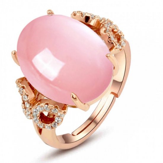 Fashion Oval Natural Rose Quartz Solid 925 Sterling Silver Adjustable CZ Ring - Click Image to Close