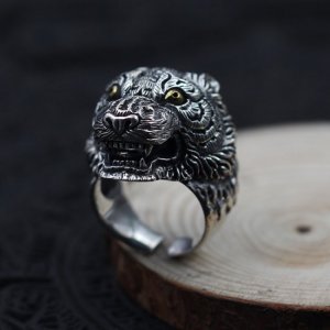 Vintage Men Wild Tiger 925 Sterling Silver Adjustable Ring