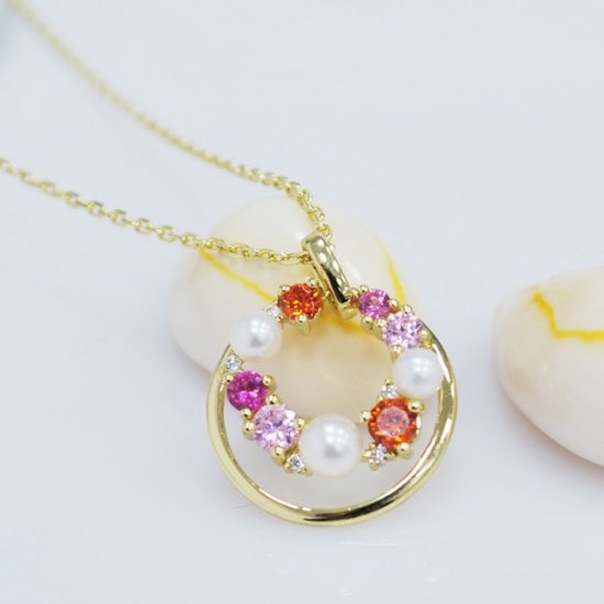 Yellow Golden Garland Natural White Pearl 925 Sterling Silver Necklace - Click Image to Close