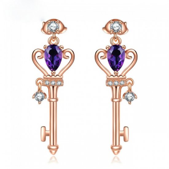 Key Shape Oval Genuine Amethyst 925 Silver Rose Gold CZ Earrings - Click Image to Close