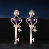 Key Shape Oval Genuine Amethyst 925 Silver Rose Gold CZ Earrings