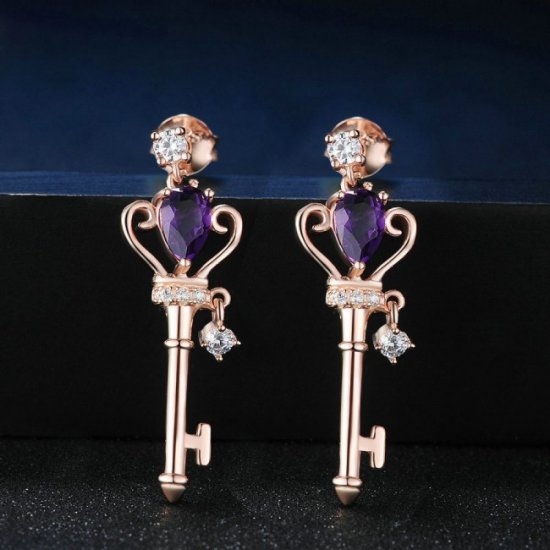 Key Shape Oval Genuine Amethyst 925 Silver Rose Gold CZ Earrings - Click Image to Close