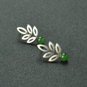 Natural Round Green Jasper 925 Sterling Silver Hollow Leaf Stud Earrings