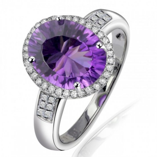 Fashion Oval Natural Amethyst Solid 925 Sterling Silver CZ Ring - Click Image to Close