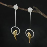 Fashion White Jade Yellow Bird 925 Sterling Silver Dangle Earrings