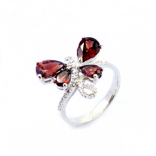 Butterfily Fashion Natural Garnet CZ Solid Sterling Silver Ring - Click Image to Close