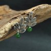 Natural Round Green Jasper 925 Sterling Silver Hollow Leaf Stud Earrings