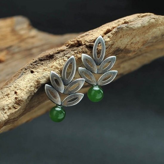 Natural Round Green Jasper 925 Sterling Silver Hollow Leaf Stud Earrings - Click Image to Close