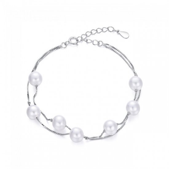 Woman Double Lines Shell Pearl 925 Sterling Silver Bracelet - Click Image to Close