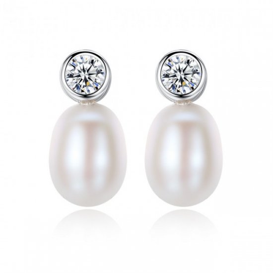 Round CZ Waterdrop Natural Pearl 925 Silver Stud Earrings - Click Image to Close