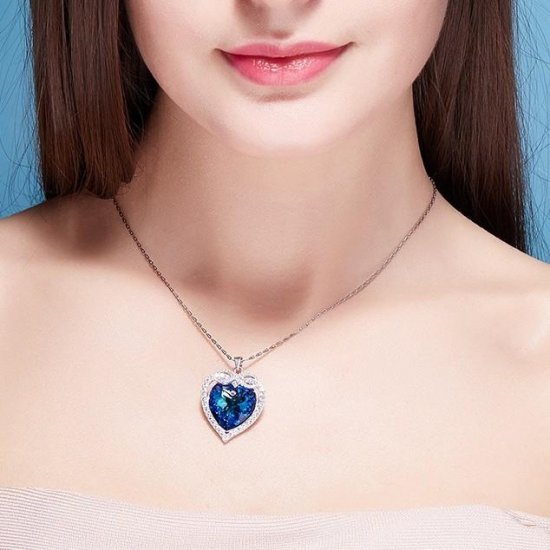 Fashion Blue Austrian Crystal 925 Sterling Silver Infinity Heart Necklace - Click Image to Close