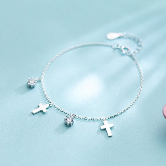 Simple Cross CZ Solid 925 Sterling Silver Adjustable Bracelet - Click Image to Close