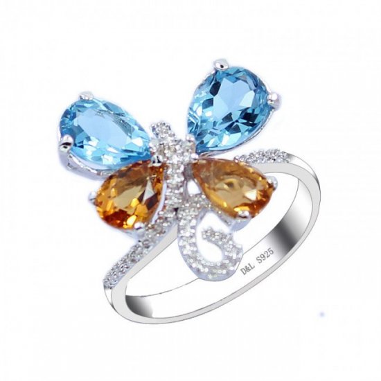 Butterfly Natural Blue Topaz Crystal CZ 925 Sterling Silver Ring - Click Image to Close