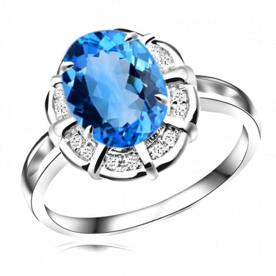 Flower Fashion Oval Natural Blue Topaz CZ 925 Sterling Silver Ring - Click Image to Close