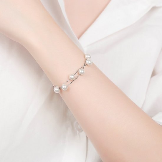 Woman Double Lines Shell Pearl 925 Sterling Silver Bracelet - Click Image to Close