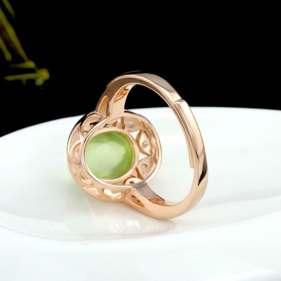 Round Fashion Natural Prehnite Solid 925 Sterling Silver CZ Adjustable Ring - Click Image to Close