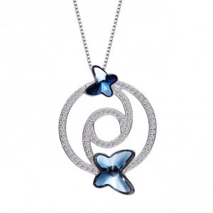 Flying Blue Butterfly Austrian Crystal CZ 925 Sterling Silver Necklace